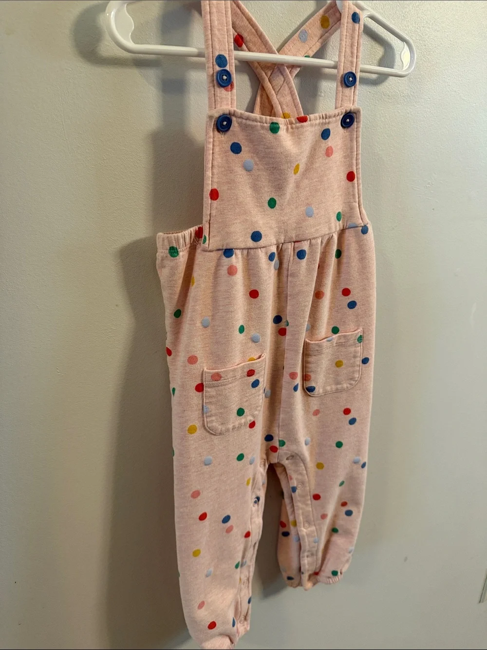 Baby Boden Cheerful Pink Polka Dot Knit Overalls with Cross Back Straps